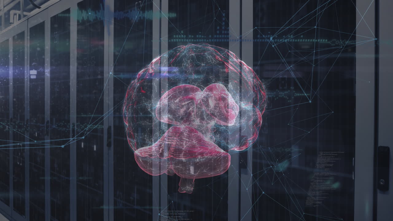 Animation of network of connections and brain over data processing and server room