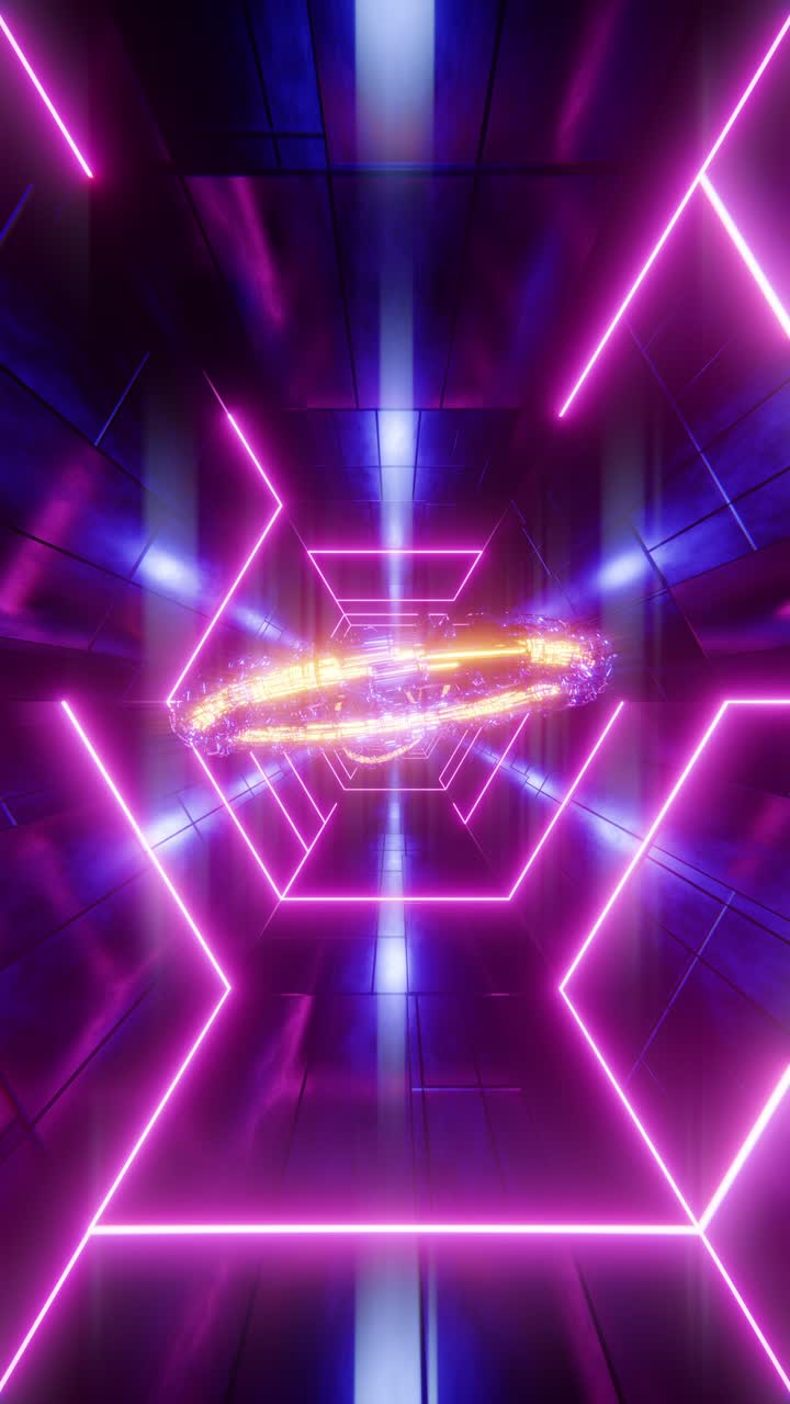 volando attraverso un tunnel con barre viola e anelli gialli. video a loop verticale