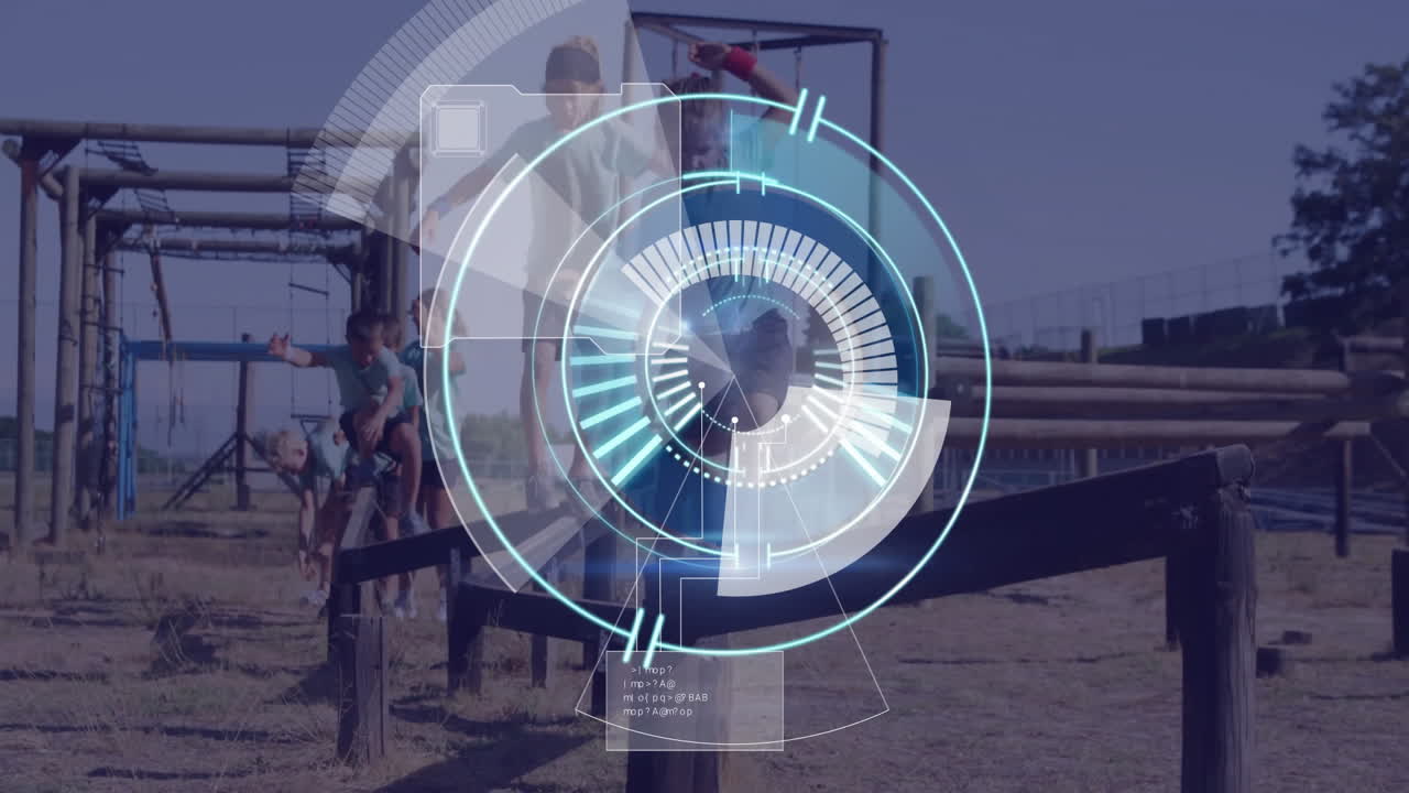 Digital interface animation over children playing on outdoor playground equipment