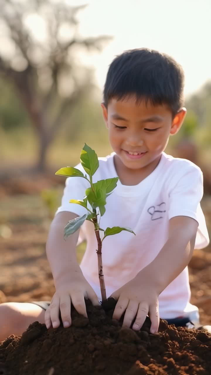 An asian cheerful child carefully plants a young tree sapling, their face glowing with happiness.