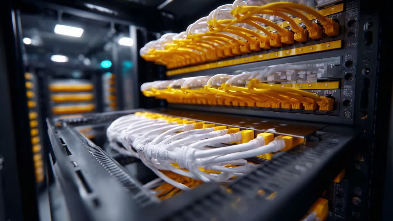A Detailed Look at Network Infrastructure with Color-Coded Cables and Connectors in a Server Rack, Showcasing Computer Networking Components and Organization