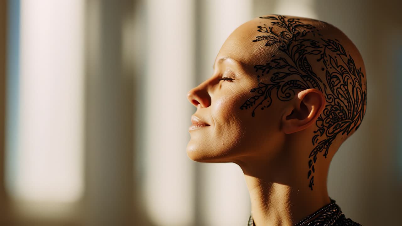 Un momento sereno catturato nel tempo, che ritrae un individuo calvo con intricati tatuaggi che adornano la sua testa, mettendo in mostra individualità ed espressione artistica con un'illuminazione calda