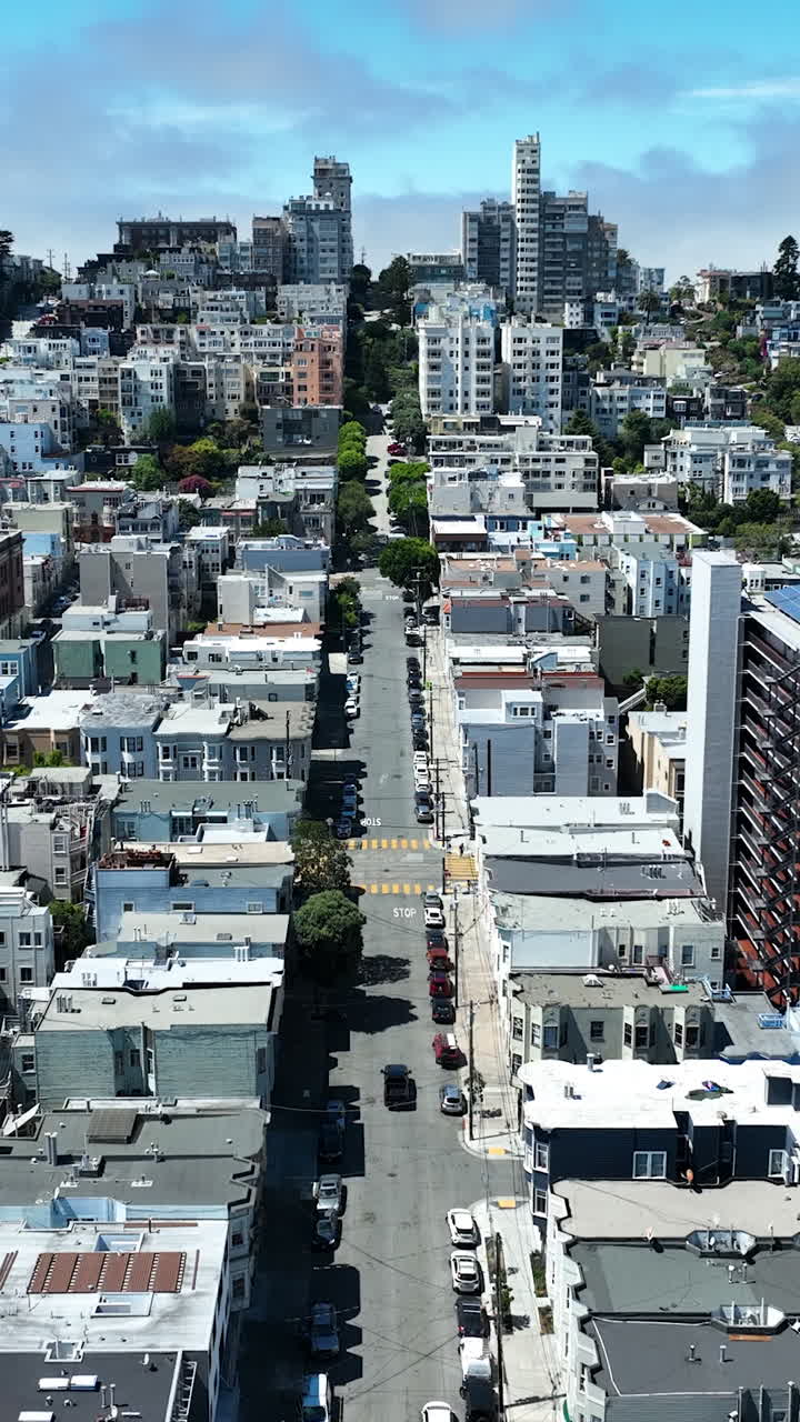 Vertical View Of Urban Landscape On Lombard Street In San Francisco, California, USA. Aerial Shot