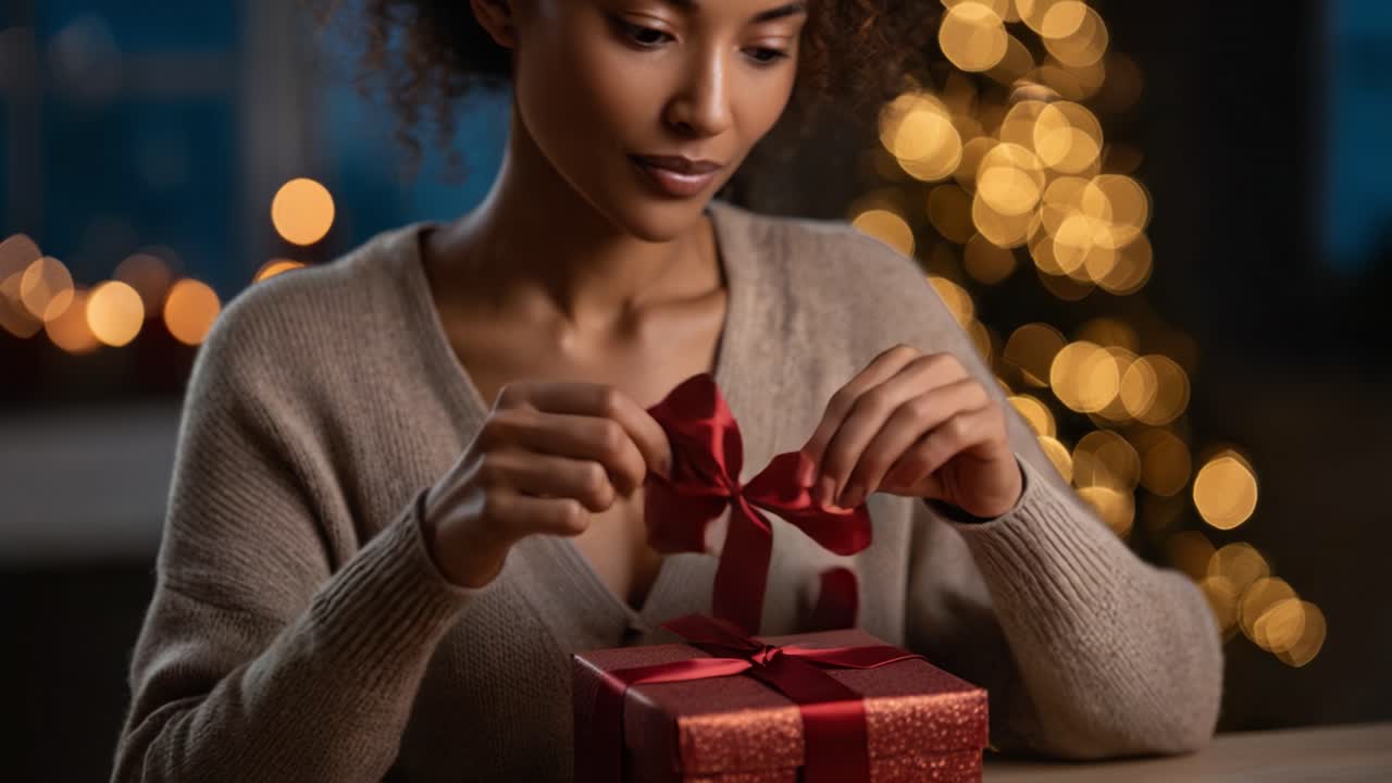 Una donna si gode il momento di scartare un regalo splendidamente incartato, circondata da calde luci festive, evocando gioia e attesa durante una celebrazione festiva.
