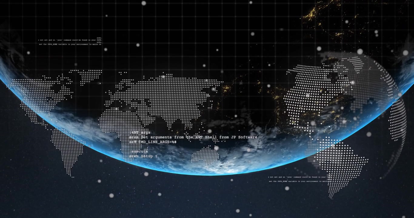 Animation of data processing over world map and spinning globe against blue background