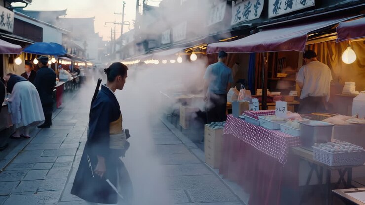Mercato di street food giapponese con samurai