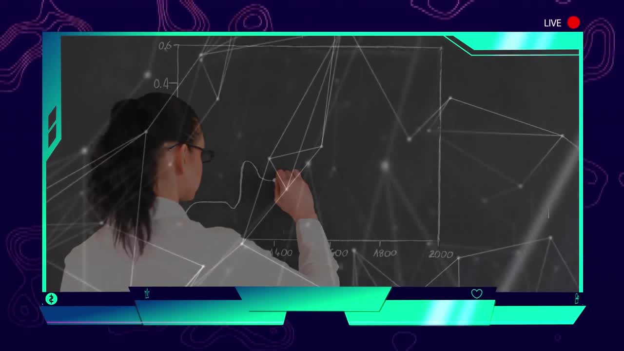 animación de un maestro dando una lección en vivo en línea con un marco azul.