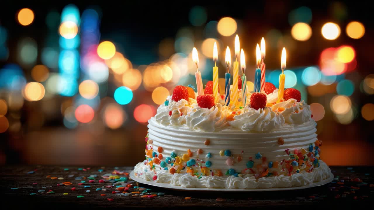 A Delightful Celebration Cake with Colorful Candles and Sweet Decor, Perfect for Birthday Gatherings, Surrounded by a Blurry Festive Background of Lights