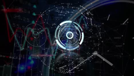 animación de círculo, puntos que forman globo, gráficos con números y reloj digital en fondo negro