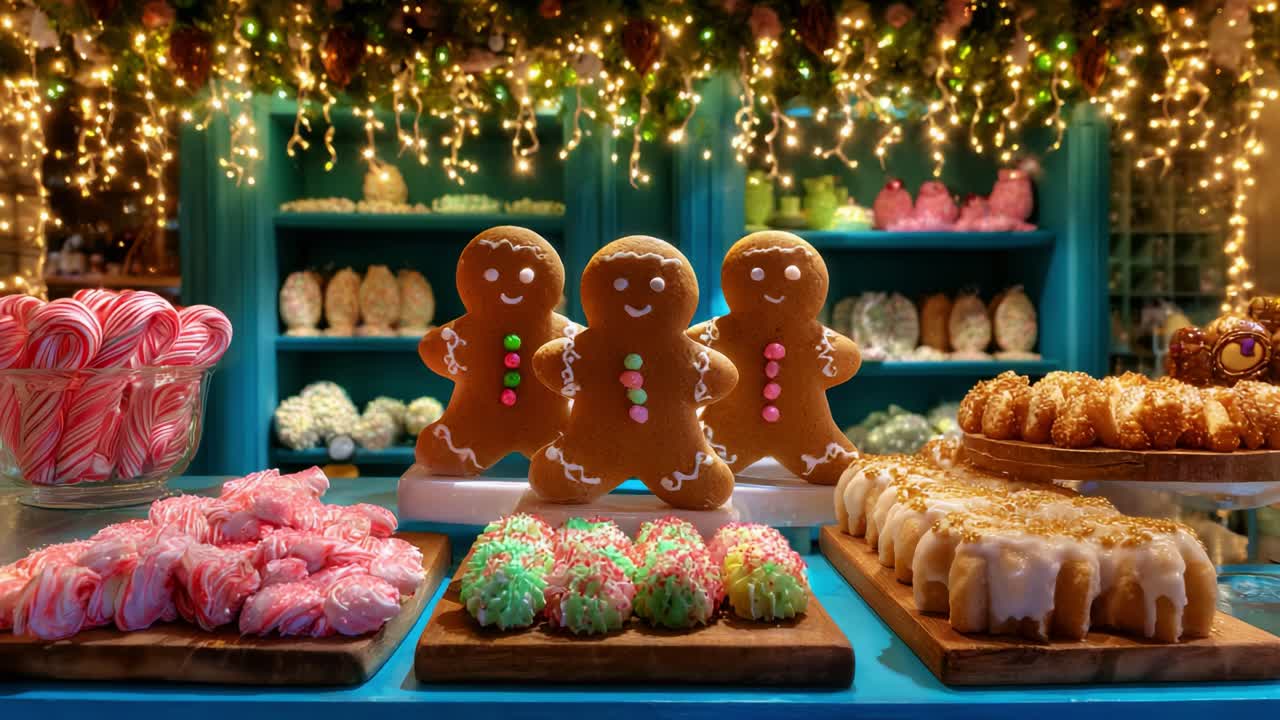 A Festive Display of Colorful Holiday Treats Showcasing Gingerbread Cookies, Candy Canes, and Sweet Delights Adorned with Twinkling Lights for a Cheerful Winter Celebration