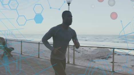 medical data processing against african american fit man running on the promenade