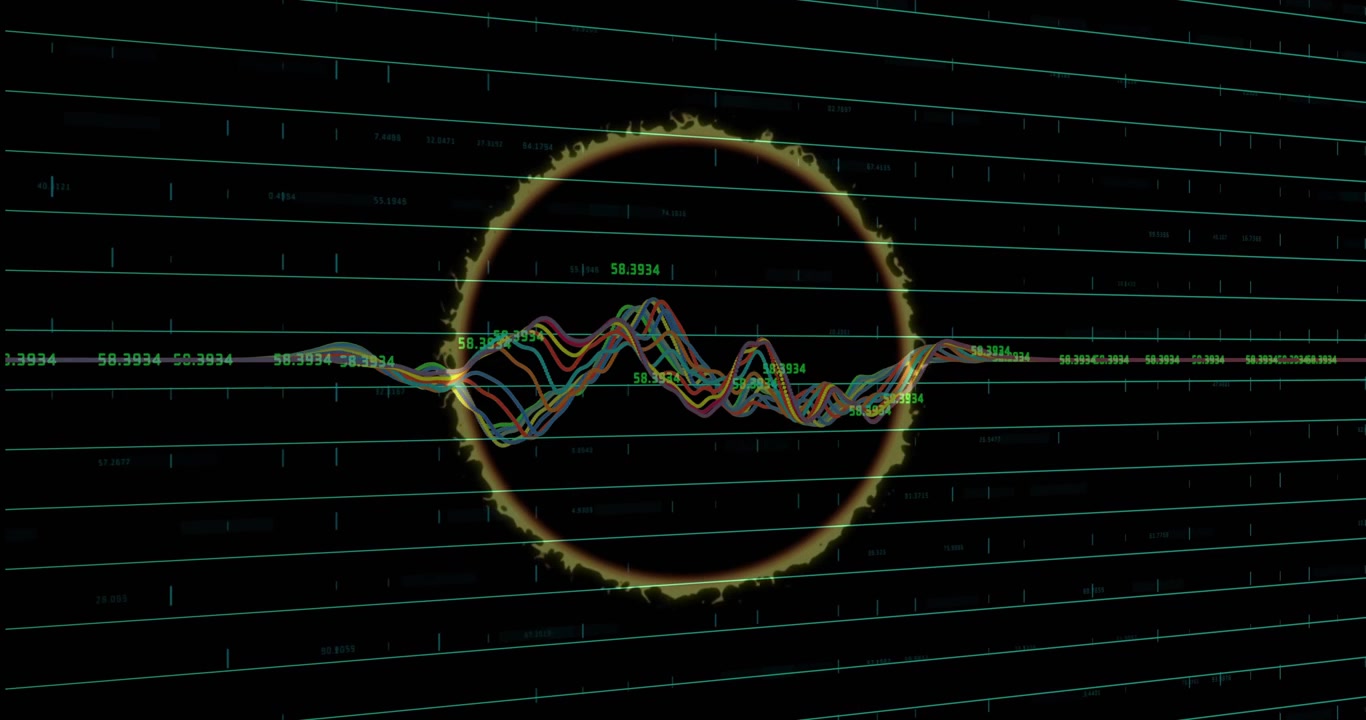 UI displaying glowing circular frame intersecting colorful waveform, showing neon grid and numbers