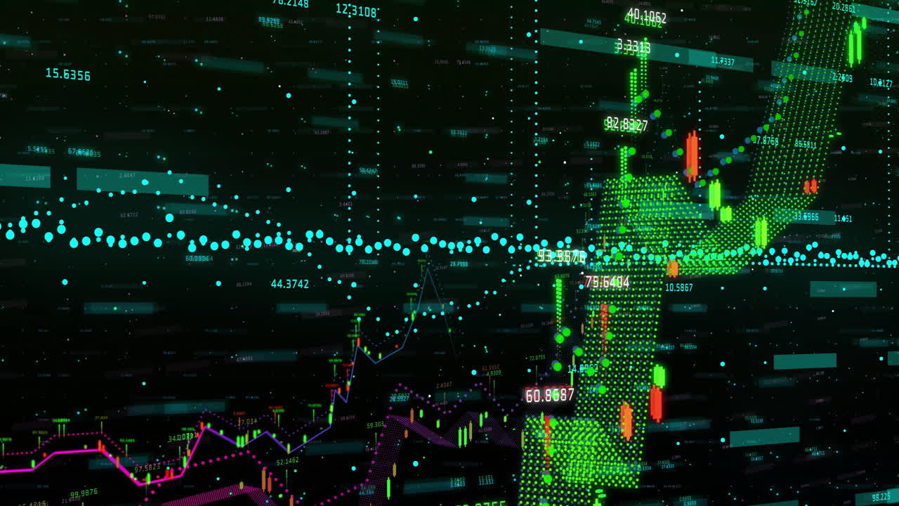 animación del procesamiento de datos financieros sobre un fondo oscuro