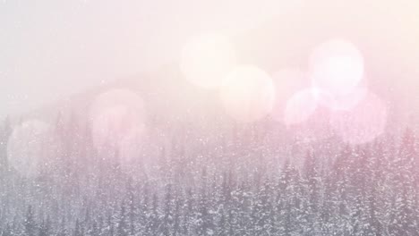 spots of light and snow falling over winter landscape with multiple trees