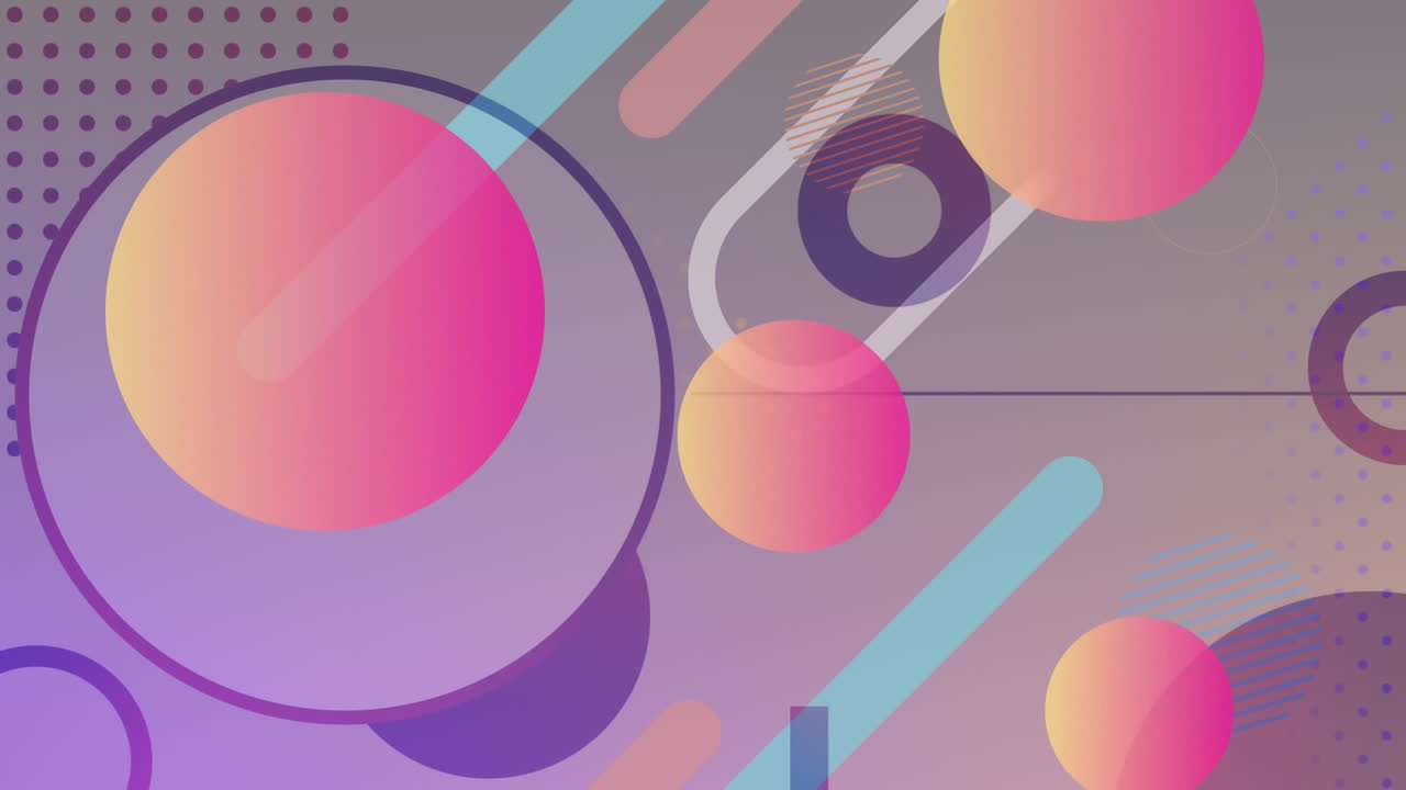 múltiples formas abstractas que se mueven contra un fondo púrpura