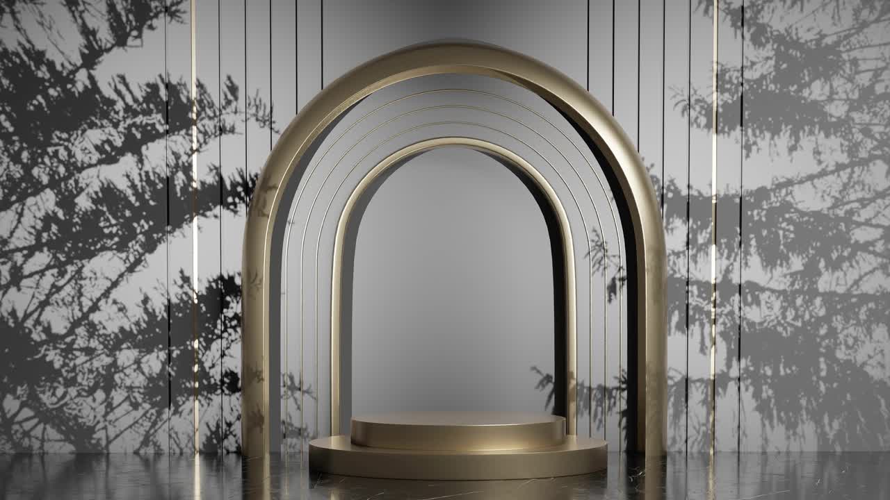 3d 렌더링 애니메이션으로 나무 잎 그림자를 가진 제품 디스플레이 스탠드 디자인, 전자 상거래 웹 사이트 판매 할인 회색 어두운 배경