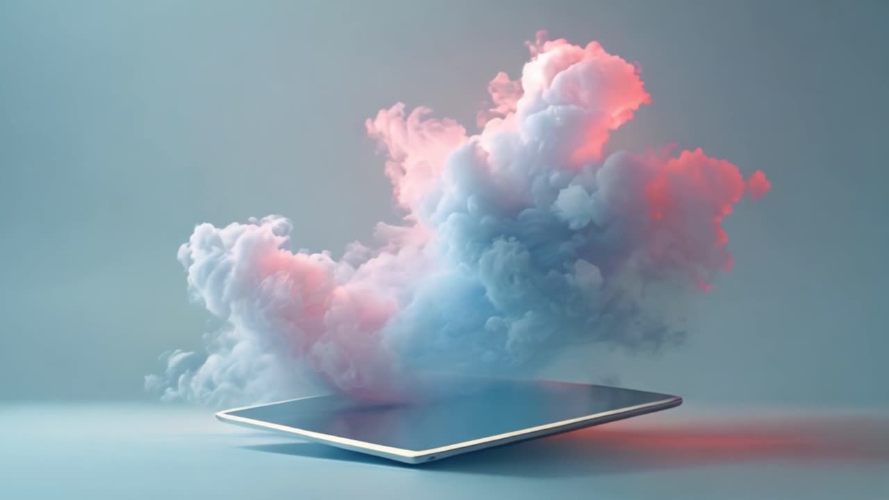 Tablet digitale con fumo colorato e concetto di cloud computing