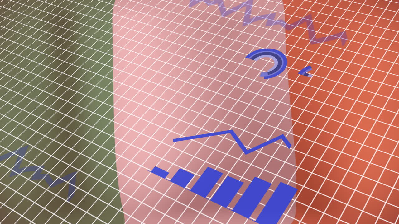 animación del procesamiento de datos estadísticos a través de la red de red contra el fondo de la bandera irlandesa ondeando
