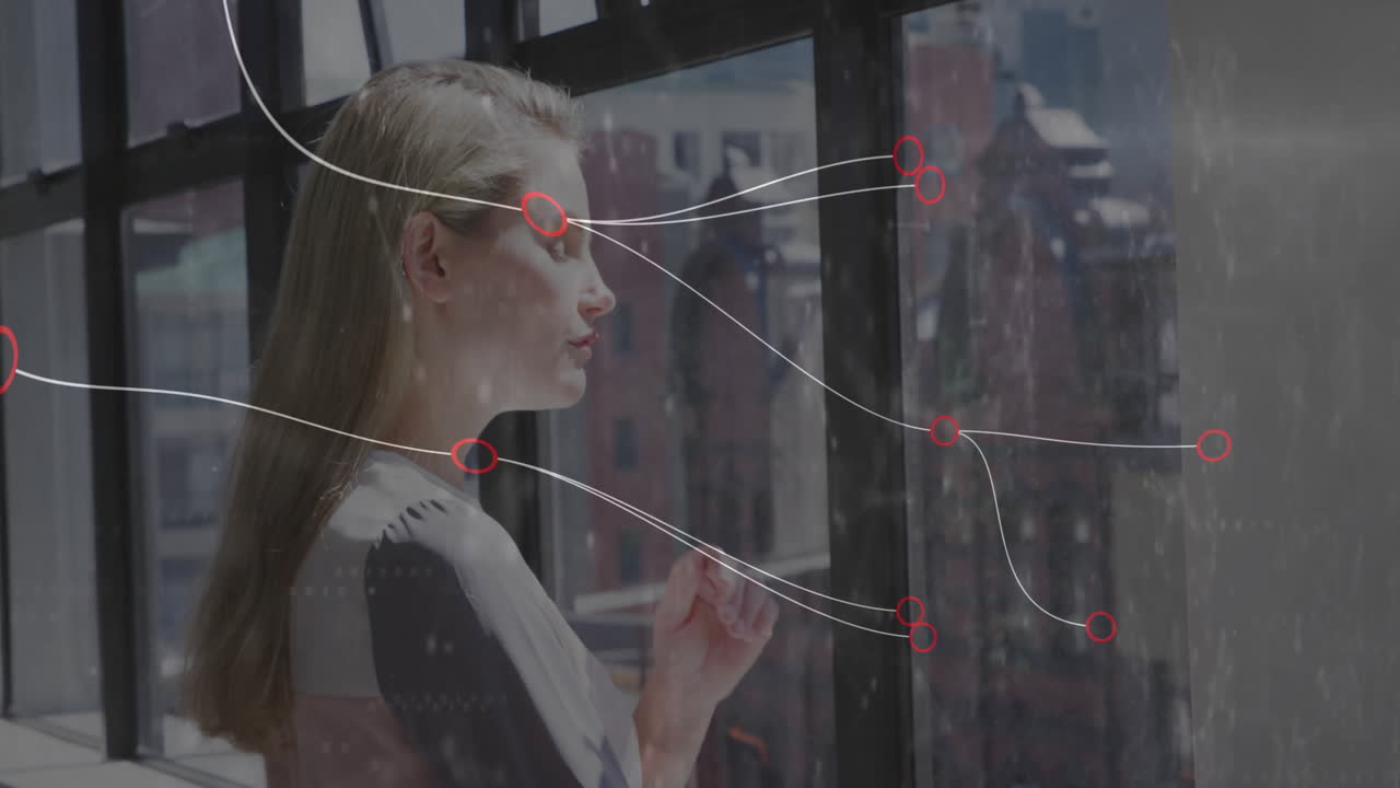 Looking out window, woman observing digital network animation with overlay effects