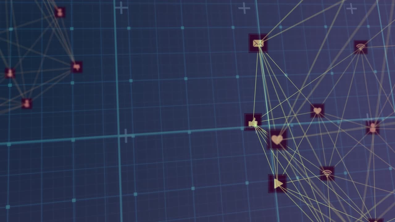 Animation of network of connections with icons on black background