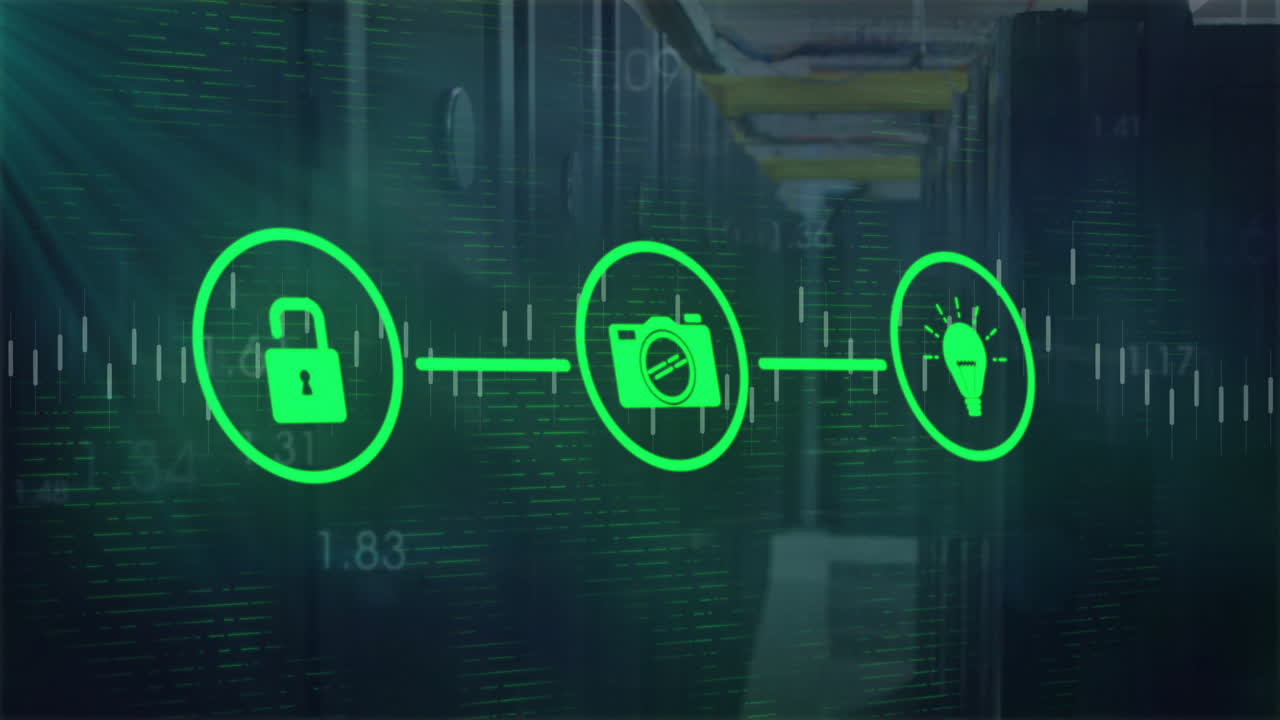 Security, camera, and idea icons connected in green over data center animation