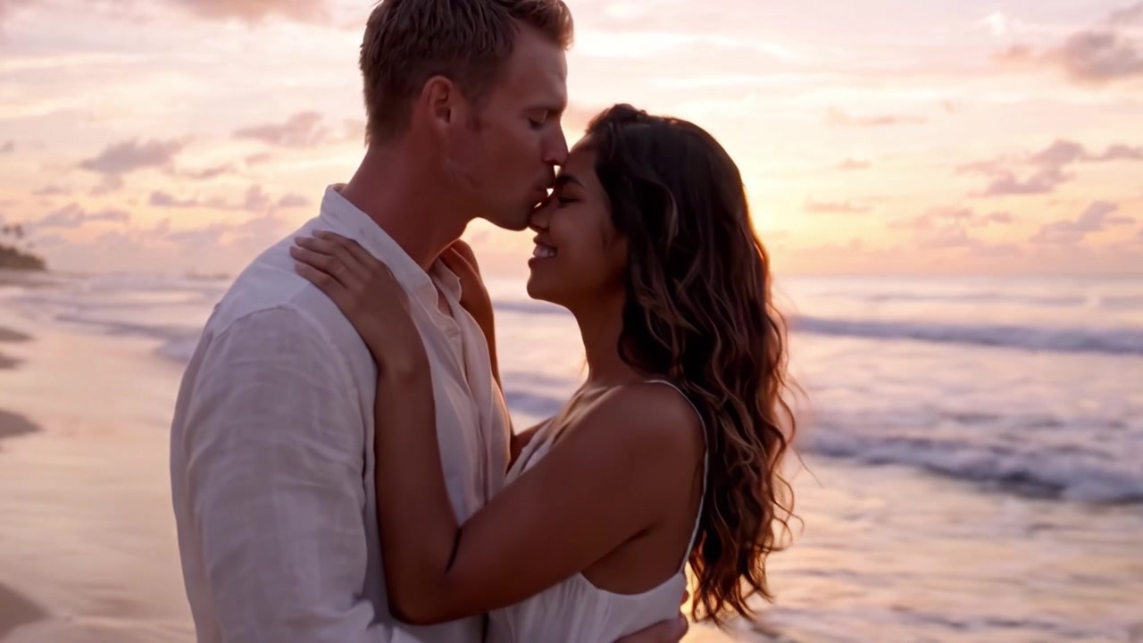 Abbraccio Romantico al Tramonto: Una Coppia Innamorata si Unisce sulla Spiaggia Sotto il Bagliore Dorato di un Bellissimo Orizzonte