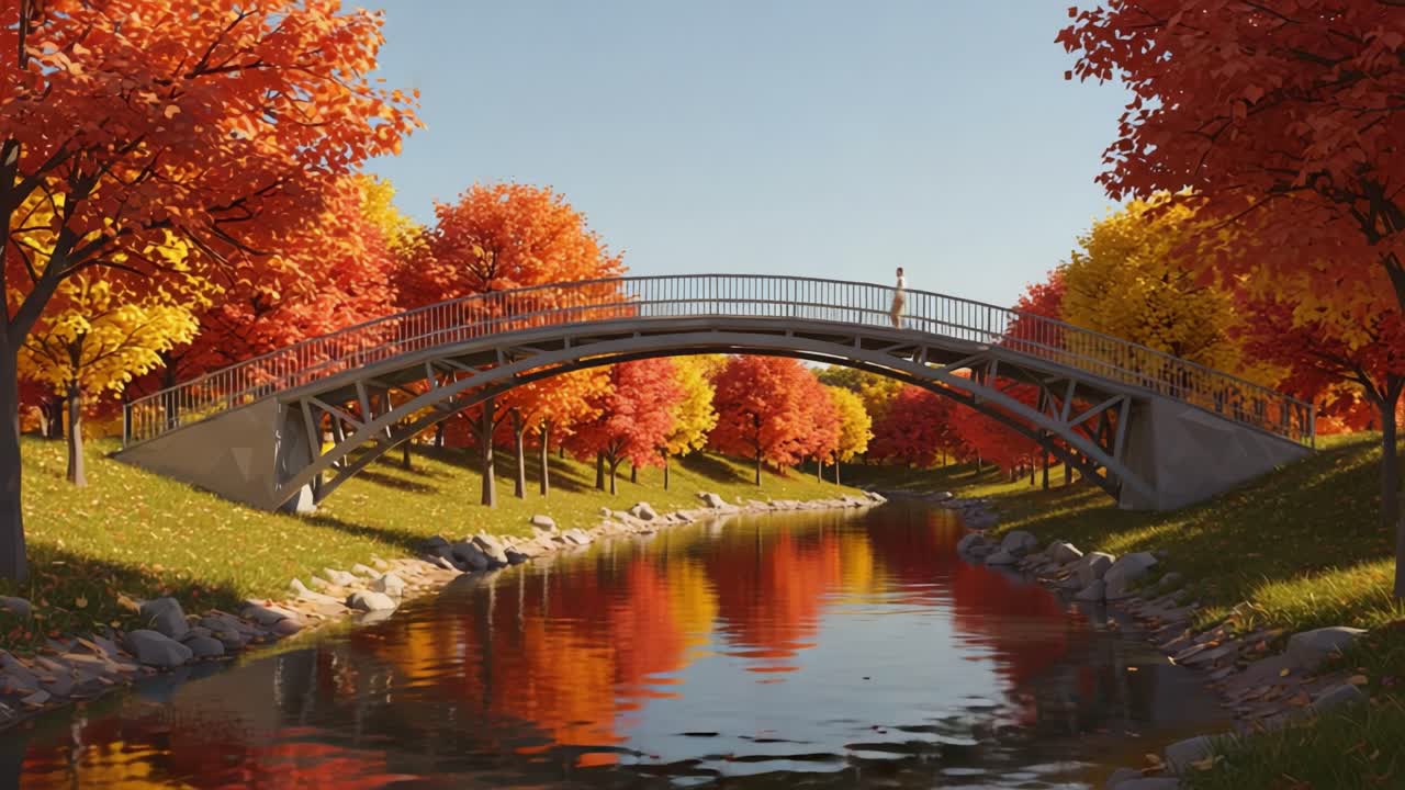 A serene autumn scene with a vibrant bridge spanning a tranquil river, surrounded by colorful trees and a clear blue sky, capturing the essence of nature's beauty