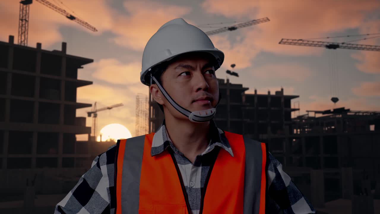 Close Up Of Asian Male Engineer Wearing Safety Helmet Looking Around While Standing With Arms Akimbo At Building & Construction Site in Progress to New House