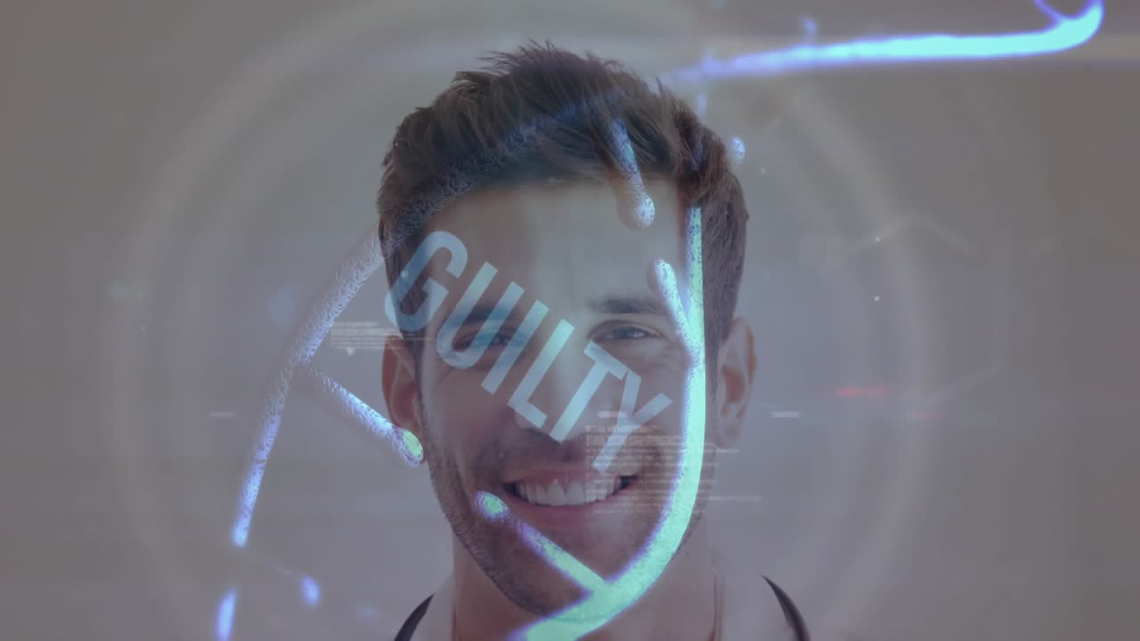 Male medical doctor relaxing while camera rising, DNA helix moving to face, stamping GUILTY result