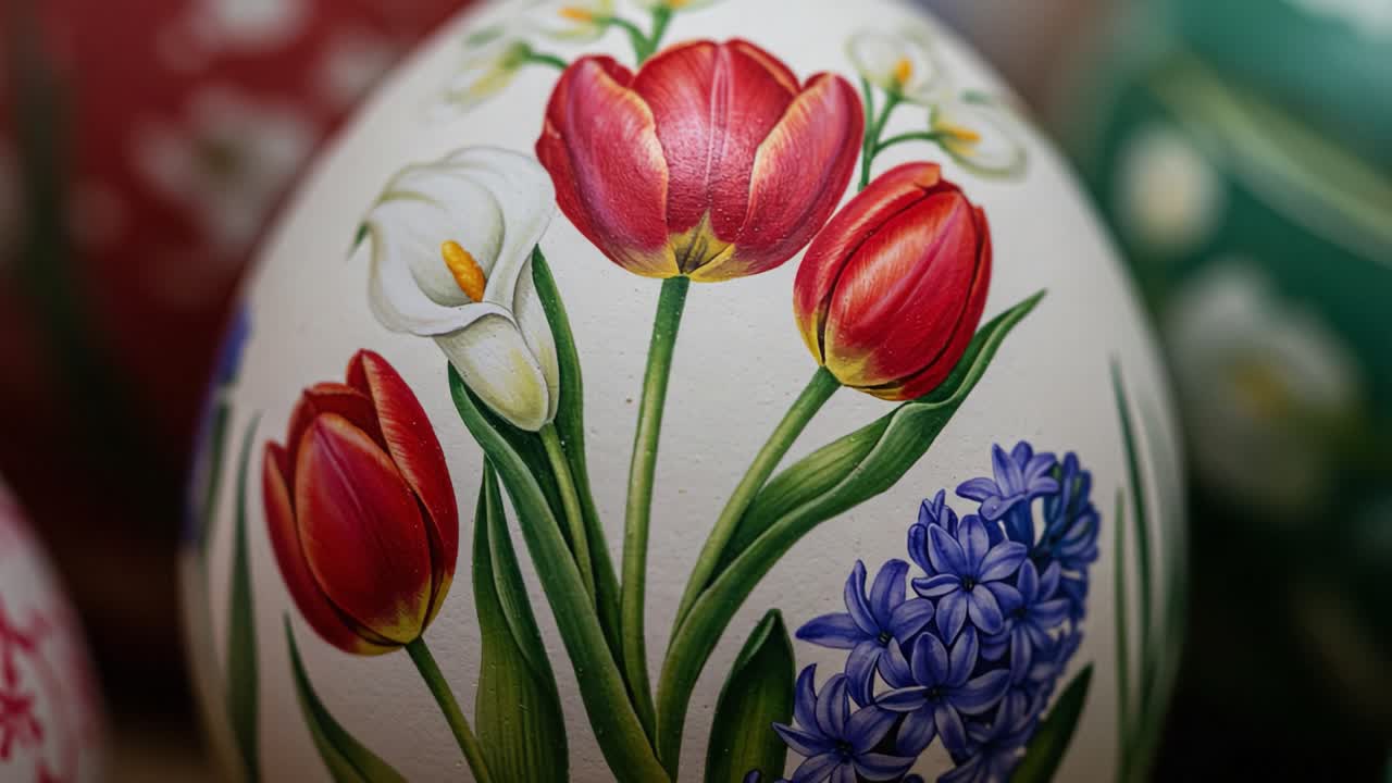Intricate Floral Designs on Decorative Eggs: A Close-Up Look at Hand-Painted Artistry Featuring Vibrant Tulips and Hyacinths
