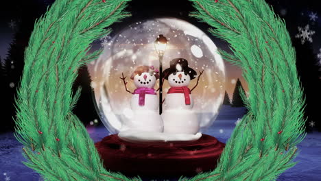 animation of santa claus and snowman in snow globe on black background