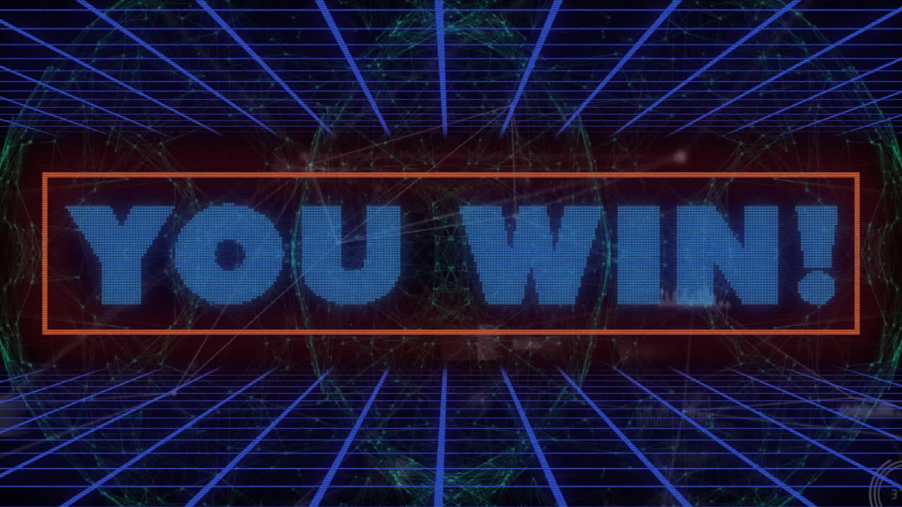 You win! text animation over grid and globe with blue lines