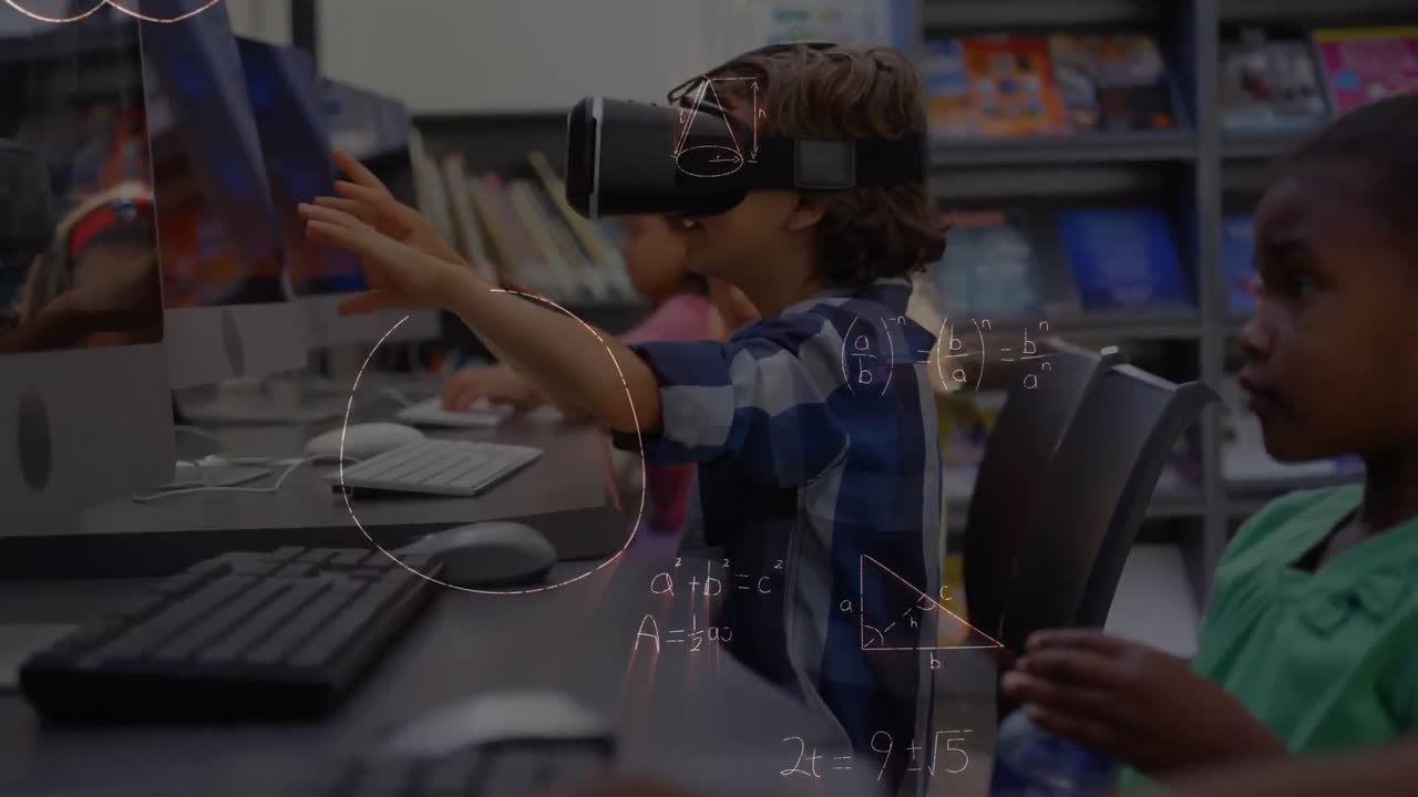 Mathematical equations floating against caucasian boy wearing vr headset at elementary school
