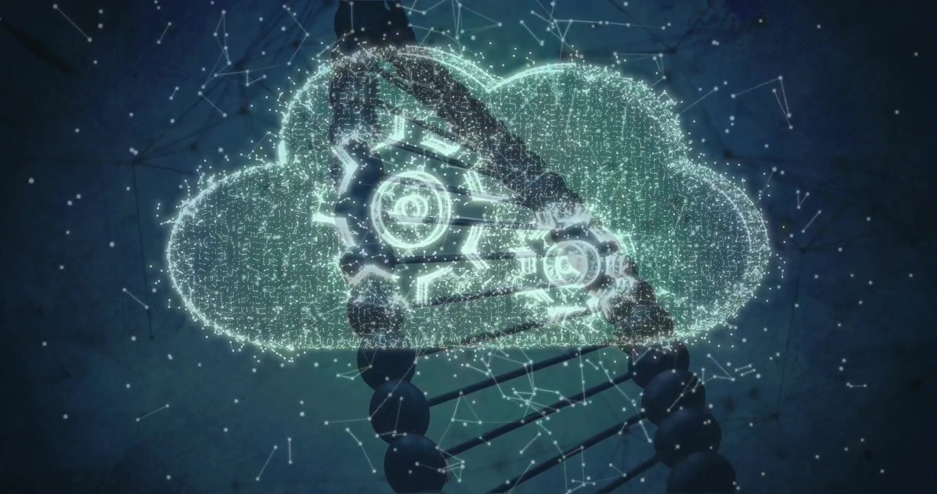 White pulse appearing along helix, forming holo cloud with gears, showing biotech network