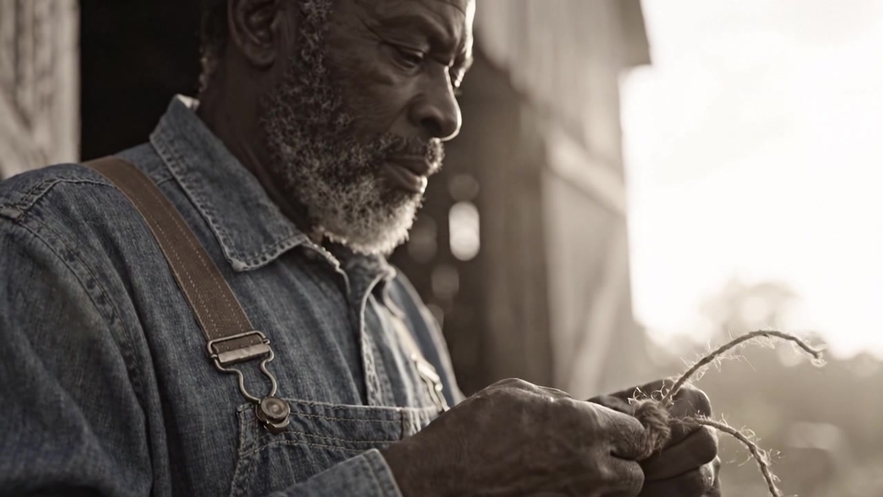A Weathered Craftsman: A Close-Up of a Skilled Artisan Working with Natural Materials Amidst a Serene Outdoor Setting at Dusk