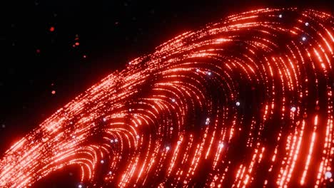 Abstract wave of glowing red particles and light trails on black background. Futuristic technology and data flow concept. Design for poster, wallpaper, banner, vertical