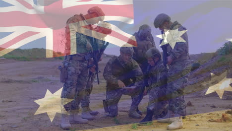 animation of flag of australia over diverse soldiers with armour