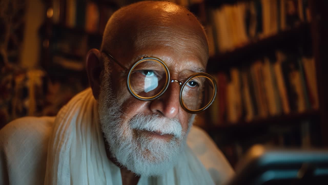 An Elderly Scholar Deep in Thought, Illuminated by Soft Light from a Device, Surrounded by Books in a Cozy Intellectual Sanctuary
