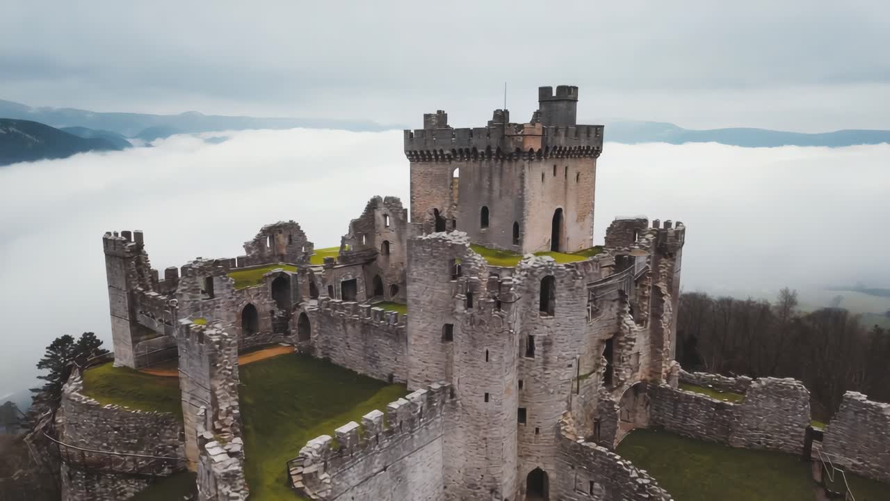 Aerial view revealing medieval Chateau de Menthon Saint Bernard nestled among dramatic clouds in French Alps near Annecy