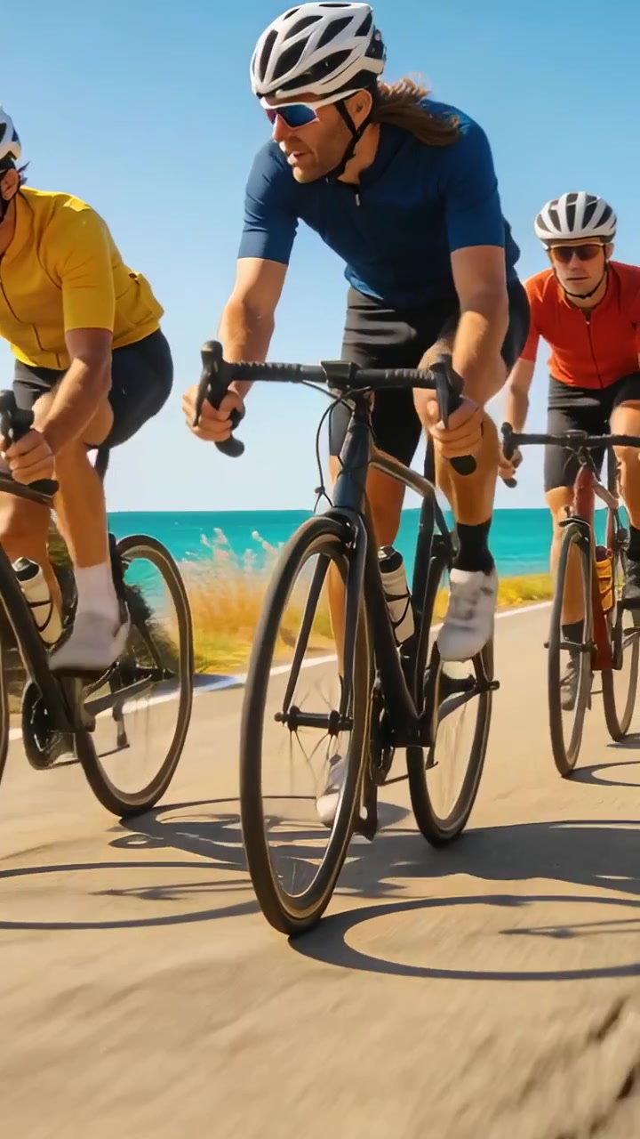 Video vertical: Alejando la lente, mostrando al ciclista líder con maillot azul montando en bicicleta para mantener el ritmo del equipo.