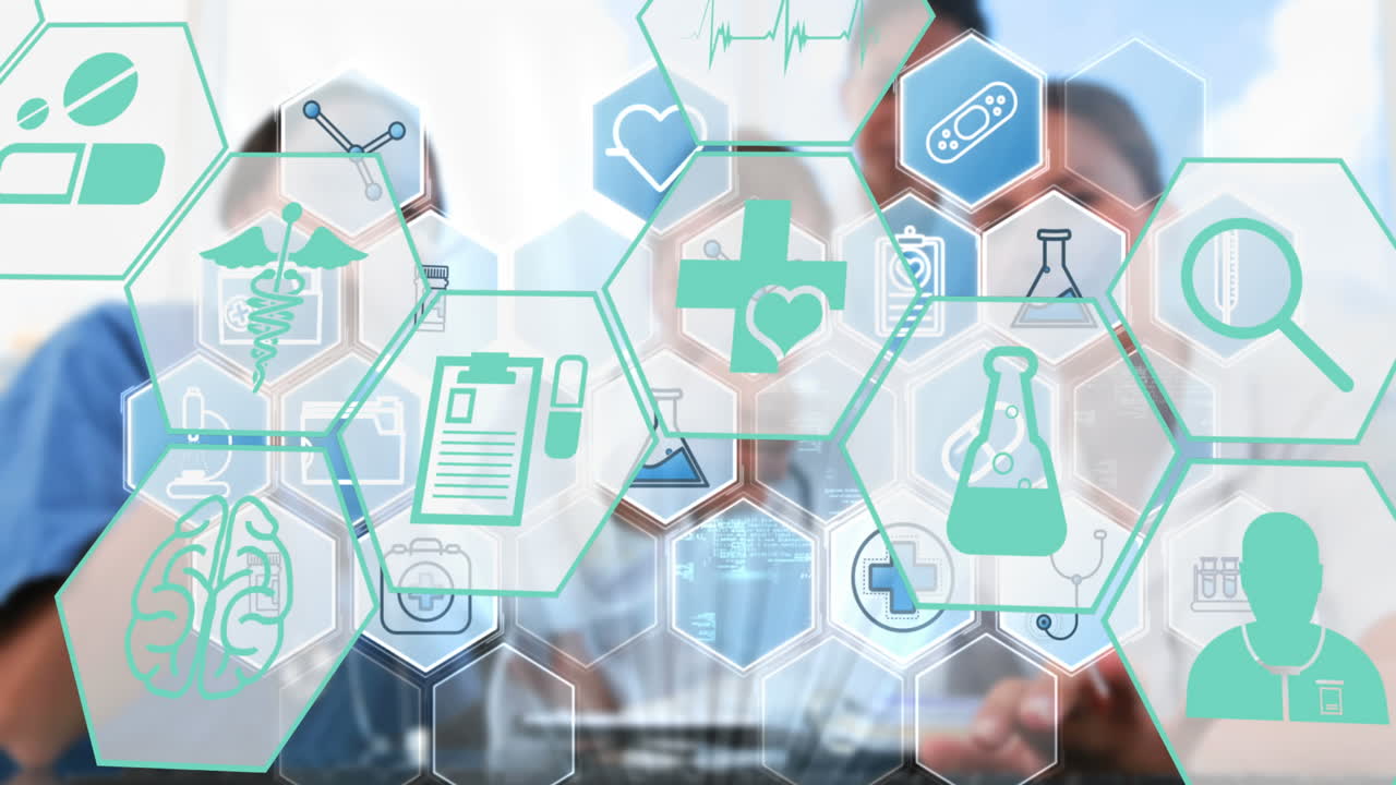 디지털 인터페이스 화면에 의료 연구 및 기술 아이콘을 표시합니다.