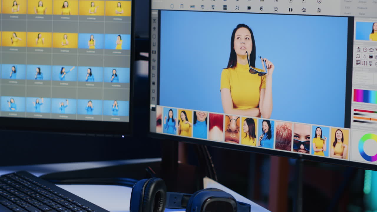 interfaz de software de retoque de fotos en la computadora en un estudio de fotografía vacío, de cerca