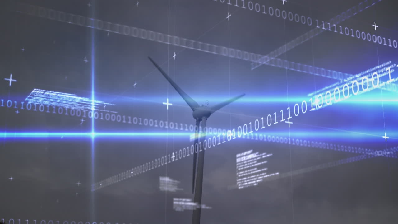 데이터 처리 및 풍력 터빈 위의 빛 트레일의 애니메이션