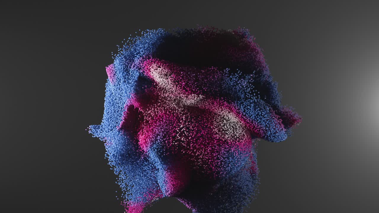 Colorful 3D particle animation of a humanoid form swirling in motion. Seamless loop ideal for motion design, visualizers, music videos, and abstract digital backgrounds.