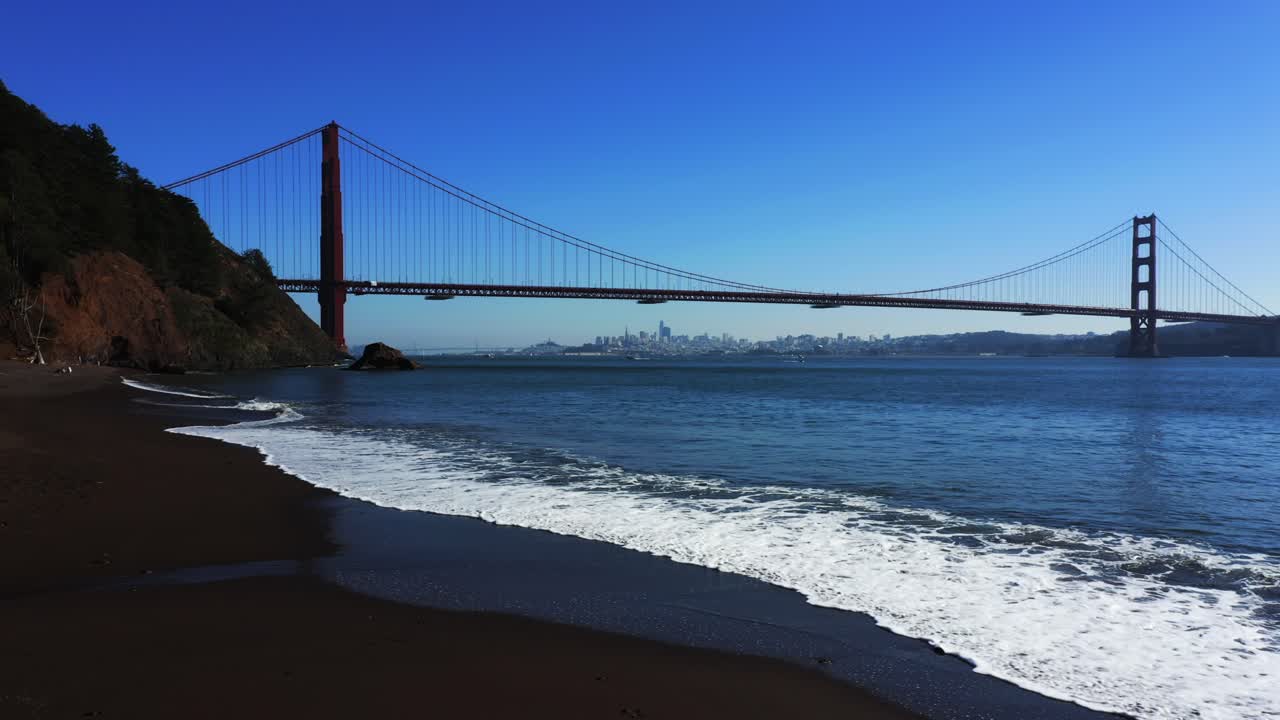 Golden Gate Bridge and beach along the Pacifica Ocean in the San Francisco Bay Area.