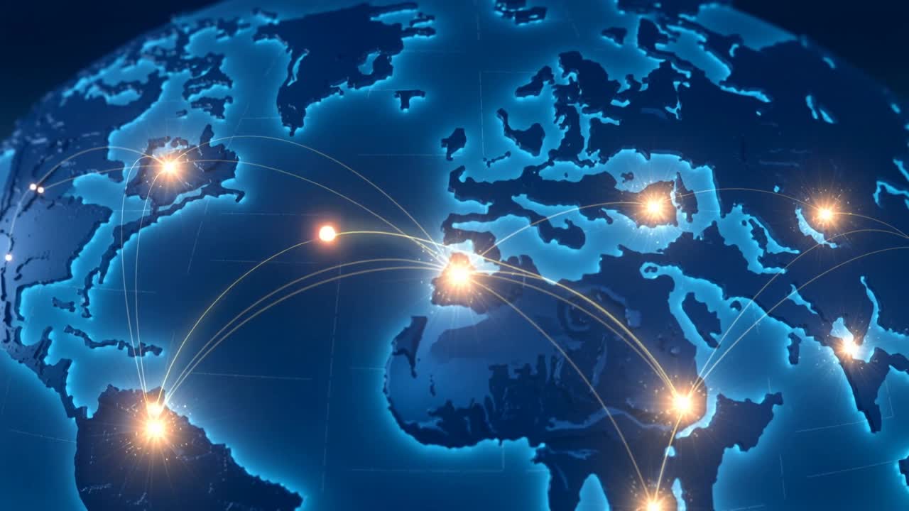 Pulsing node on digital globe sending arcs across Atlantic toward Europe, illustrating connectivity