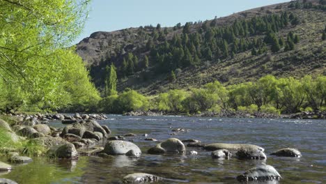 rocky riverbank close up view at aluminé river, neuquén, argentina, with pristine water slowly flowing downstream