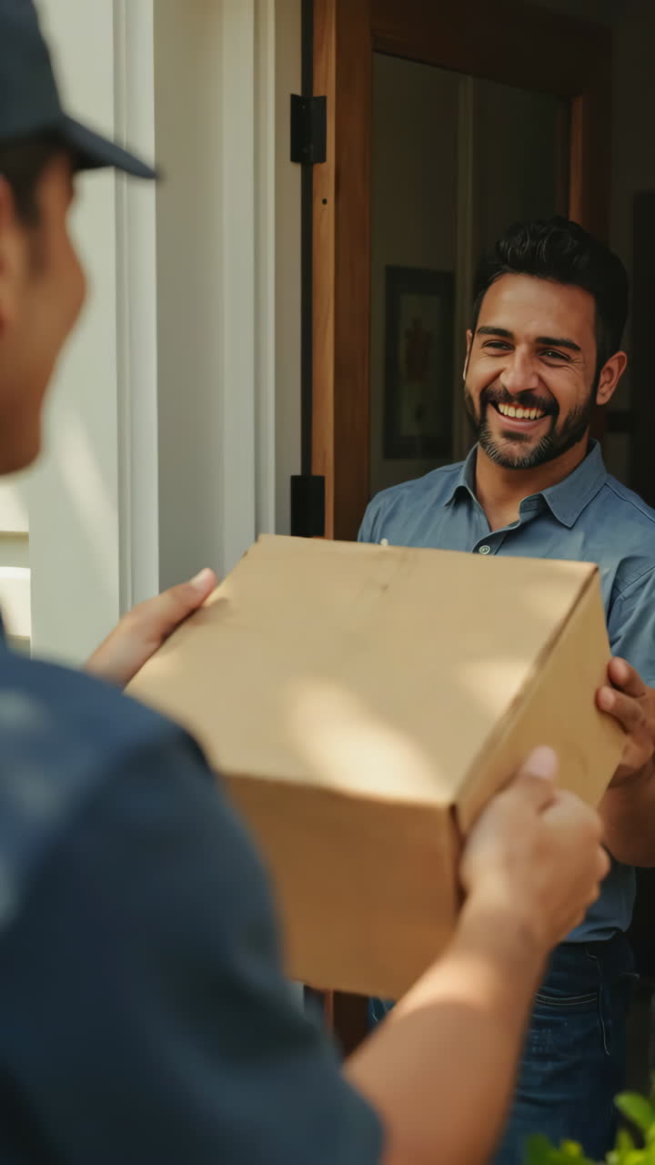 Man happily receives a package at his doorstep