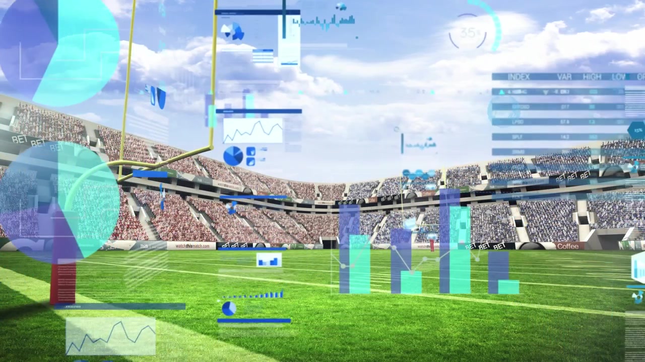 Animation of financial data processing over stadium