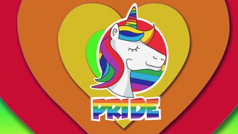 animation of pride text over unicorn and rainbow heart background